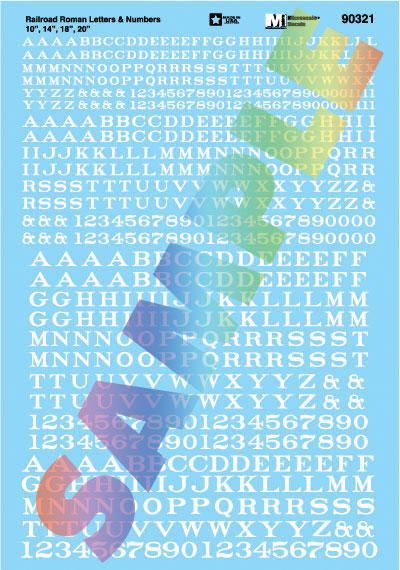 Microscale Alphabet Decal Set -- Railroad Roman Letters & Numbers 10 14 18 20 (white)