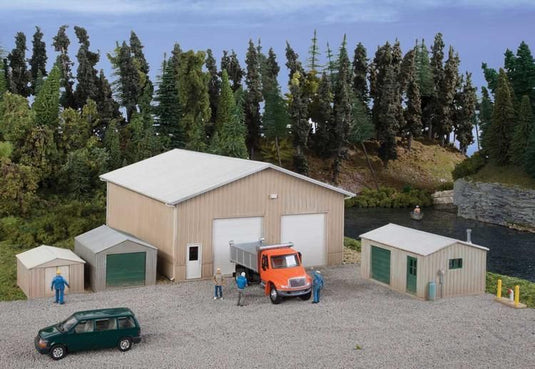 Walthers Cornerstone HO Pole Barn and Sheds - Kit - Set of Four Buildings