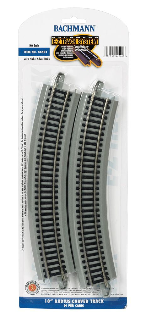 Bachmann HO E-Z Track 18" Radius Curved Nickel Silver Rails 4pk