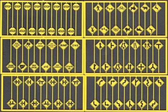 Tichy Train Group HO Early Road Sign Assortment - 15 Yellow Stop Signs 60 Warning Signs - 1 Each of Sets #293-8247 8252-8256