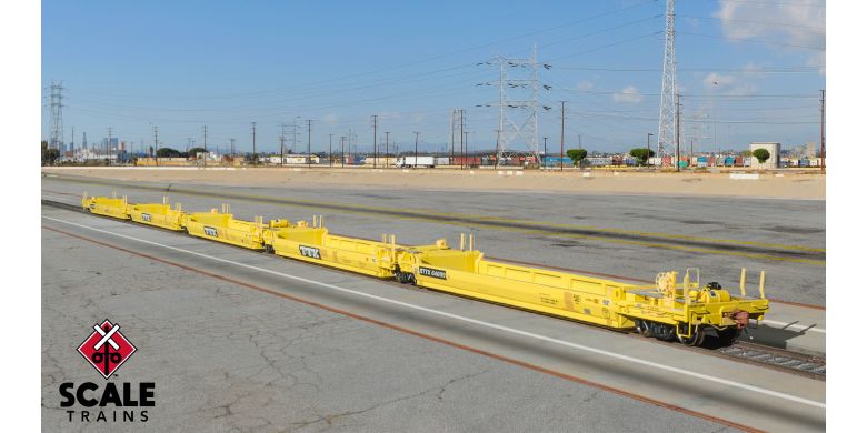 Chargez l'image dans la visionneuse de la galerie, ScaleTrains Rivet Counter HO Pullman-Standard Trinity Backpacker Well Car Set (5), Trailer Train/Speed Logo/Patched