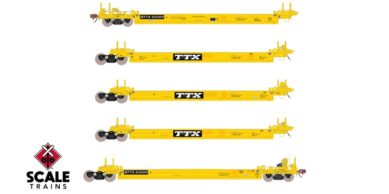 Chargez l'image dans la visionneuse de la galerie, ScaleTrains Rivet Counter HO Pullman-Standard Trinity Backpacker Well Car Set (5), Trailer Train/Speed Logo/Patched