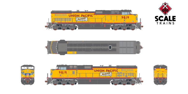 Chargez l'image dans la visionneuse de la galerie, ScaleTrains Rivet Counter HO GE DASH 9-44CW w/DCC & Sound - Union Pacific #9819 Winged Nose Logo/"The Future Network" Side Logos/Red Sill Stripe