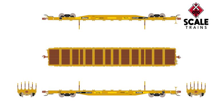 Chargez l'image dans la visionneuse de la galerie, ScaleTrains Rivet Counter HO Scale BSC F68BH Finger Rack Flatcar, TTX/Yellow Repaint/Patched/1991 Speed Logo
