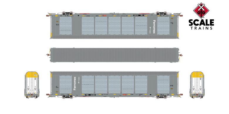 Chargez l'image dans la visionneuse de la galerie, ScaleTrains Rivet Counter HO Scale Gunderson Multi-Max Autorack, Ferromex/Grupo México/Gray/Large Panel Perforations/Globehopper Tracker/TTGX