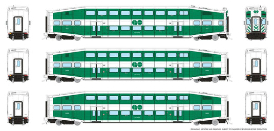 Rapido Trains HO BBD BiLevel Commuter Car: GO Transit - Late: Set #4