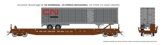 Rapido Trains HO – Wagon plat piggyback Vancouver Iron Works : Canadian National avec remorques de 45 pi