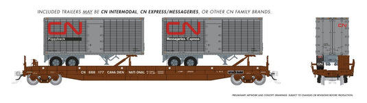 Rapido Trains HO – Wagon plat piggyback Vancouver Iron Works : Canadian National avec 2 remorques de 26 pi