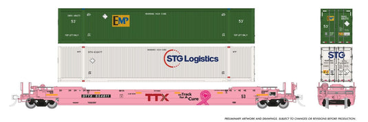 Rapido Trains HO – Wagon porte-conteneurs Husky-Stack 53 pi + conteneurs : TTX « On Track for a Cure » –