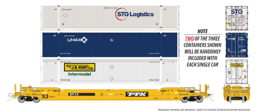 Rapido Trains HO – Wagon porte-conteneurs Husky-Stack 53 pi + conteneurs (US) : TTX – livrée d'origine