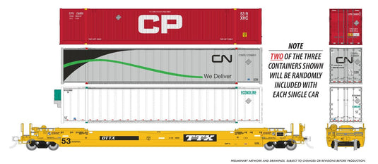 Rapido Trains HO – Wagon porte-conteneurs Husky-Stack 53 pi + conteneurs (CAN) : TTX – livrée d'origine