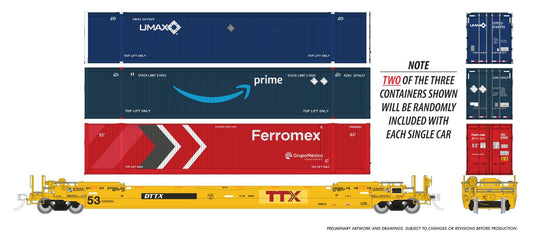 Rapido Trains HO – Wagon porte-conteneurs Husky-Stack 53 pi + conteneurs : TTX – logo patché