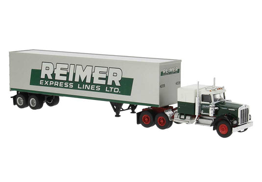 Brekina HO Kenworth W900 Semi Tractor w/Sleeper Cab and Van Trailer – Reimer (Blanc, Vert) (Copie)