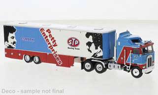 Brekina HO Kenworth K100 Aerodyne Sleeper-Cab Semi Tractor w/Racing Trailer - Richard Petty Enterprises (blue, red, white, black)