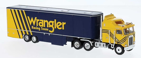 Brekina HO Kenworth K100 Aerodyne Sleeper-Cab Semi Tractor w/Racing Trailer - Dale Earnhardt Team (Wrangler, blue, yellow)