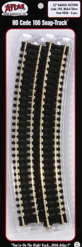 Atlas HO Code 100 Curved Snap-Track Nickel-Silver Rail - 22 Radius (Black Ties) pkg(6)