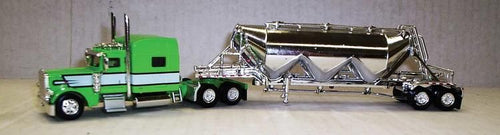 Truck N Stuff HO Peterbilt 389 Sleeper Cab Tractor w/Pneumatic Bulk Trailer - Lime Green, Silver, Chrome
