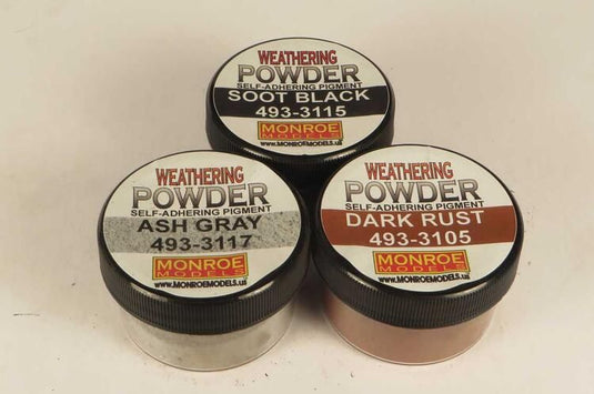 Monroe Model Grit & Rust Weathering Powder Set - 1 Each: Soot Black, Ash Gray, Dark Rust