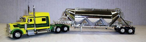 Truck N Stuff HO Peterbilt 389 Sleeper Cab Tractor w/Pneumatic Bulk Trailer - Yellow, Green, Chrome