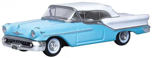 Oxford Diecast HO 1957 Oldsmobile 88 Convertible - Top Up (Banff Blue, Alcan White)