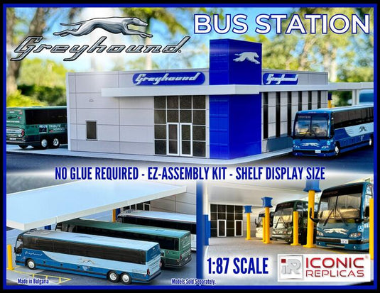 Iconic Replicas HO Greyhound 1:87 Bus Station Diorama - E-Z Assembly Kit for Diecast Collectors