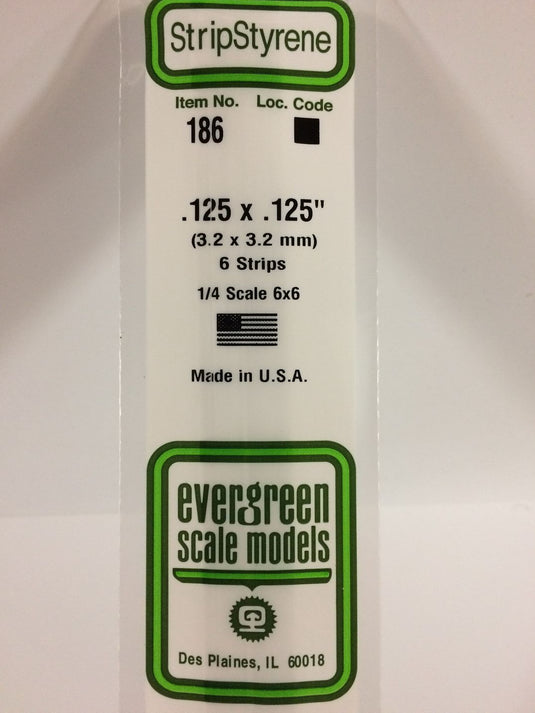 Evergreen Styrene Strip .125"x.125" 6pcs.