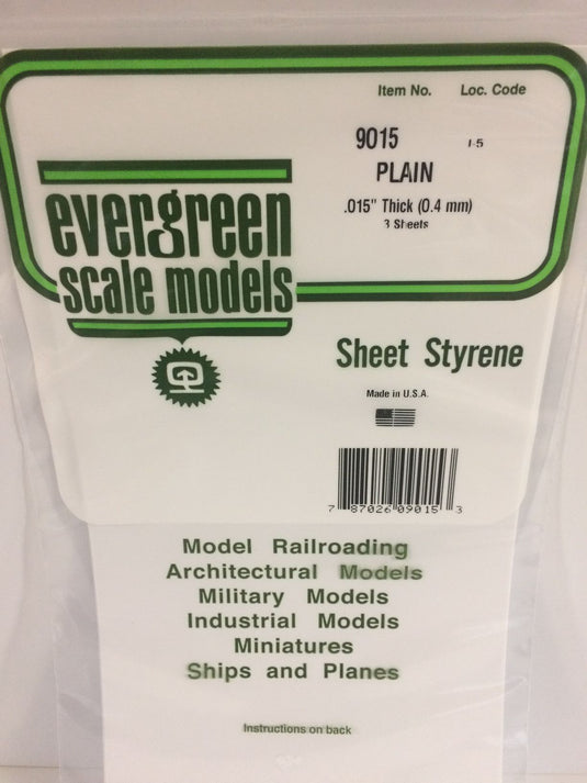 Evergreen Styrene Sheet .015" Tick 6"x12" 3pcs.