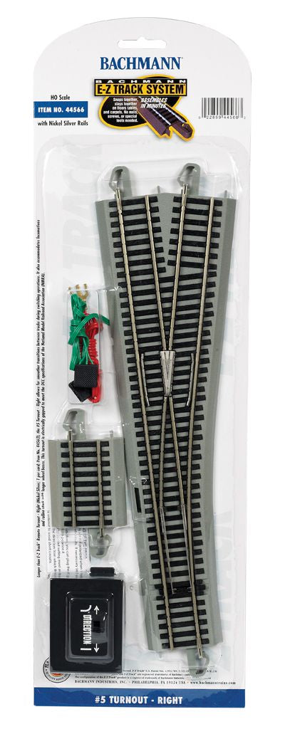 Bachmann HO E-Z Track, Nickel Silver Rail, Gray Roadbed - Remote #5 Turnout Right