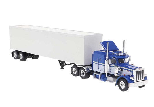 Brekina HO 1973 Peterbilt 359 Sleeper-Cab Tractor w/Van Trailer - Blue-White