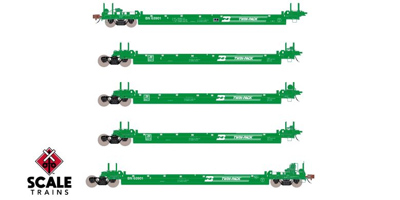 Chargez l&#39;image dans la visionneuse de la galerie, ScaleTrains Rivet Counter HO Pullman-Standard Trinity Backpacker Well Car Set (5), Burlington Northern/Twin-Pack
