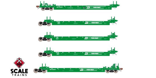 ScaleTrains Rivet Counter HO Pullman-Standard Trinity Backpacker Well Car Set (5), Burlington Northern/Twin-Pack
