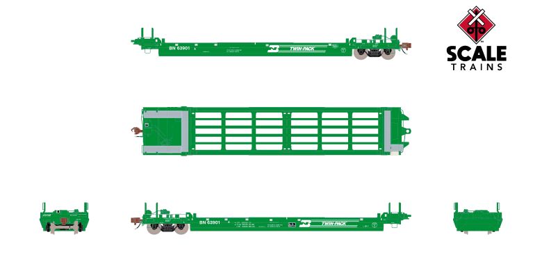 Chargez l&#39;image dans la visionneuse de la galerie, ScaleTrains Rivet Counter HO Pullman-Standard Trinity Backpacker Well Car Set (5), Burlington Northern/Twin-Pack
