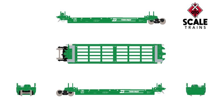 Chargez l&#39;image dans la visionneuse de la galerie, ScaleTrains Rivet Counter HO Pullman-Standard Trinity Backpacker Well Car Set (5), Burlington Northern/Twin-Pack
