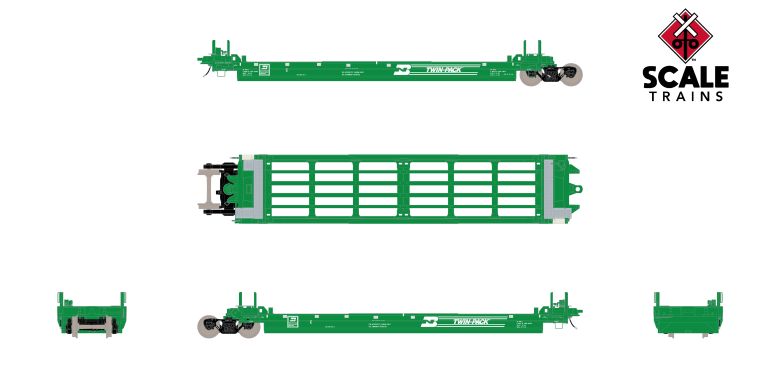 Chargez l&#39;image dans la visionneuse de la galerie, ScaleTrains Rivet Counter HO Pullman-Standard Trinity Backpacker Well Car Set (5), Burlington Northern/Twin-Pack
