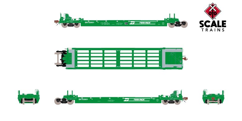 Chargez l&#39;image dans la visionneuse de la galerie, ScaleTrains Rivet Counter HO Pullman-Standard Trinity Backpacker Well Car Set (5), Burlington Northern/Twin-Pack
