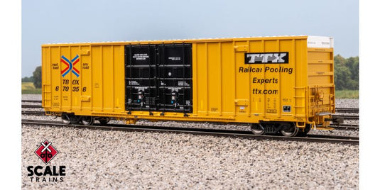 ScaleTrains HO Rivet Counter – Trinity 60' 7500 8' Double-Plug-Door High-Cube Boxcar – TTX/Speed Logo/Conspicuity Stripes/XRH60
