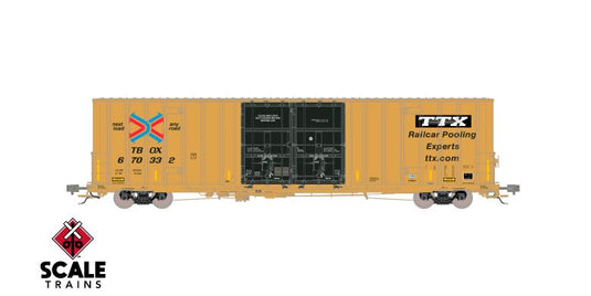 ScaleTrains HO Rivet Counter – Wagon couvert Trinity 60' 7500 hi-cube à double porte coulissante 8' – TTX/logos dépareillés/bandes de visibilité/XRH60