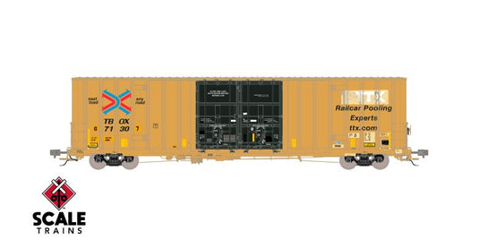ScaleTrains HO Rivet Counter – Wagon couvert Trinity 60' 7500 hi-cube à double porte coulissante 8' – TTX/logo Speed délavé/bandes de visibilité/XRH60