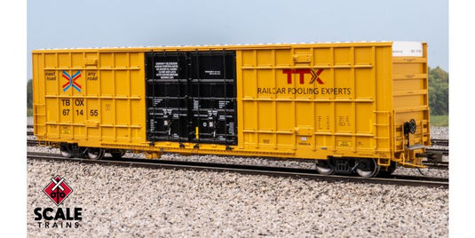 ScaleTrains HO Rivet Counter – Trinity 60' 7500 8' Double-Plug-Door High-Cube Boxcar – TTX/Red Logo/Conspicuity Stripes/XRH61A